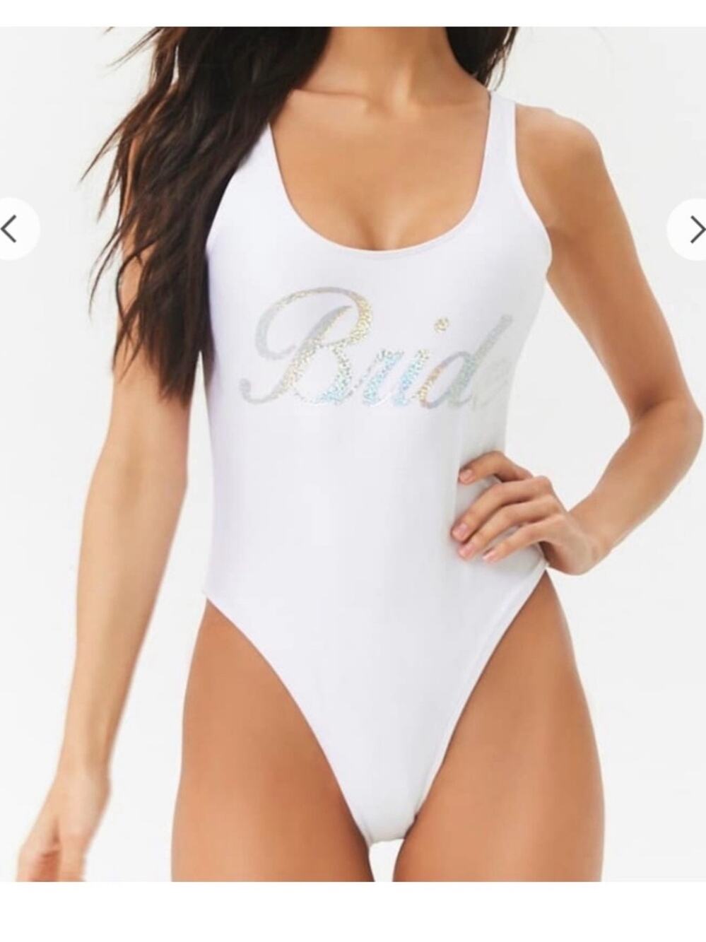 UEC Forever 21 White "Bride" One-Piece Swimsuit Iridescent Script SZ LARGE